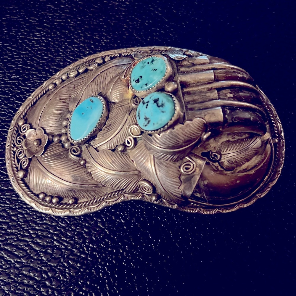 Native American Sterling silver and turquoise belt buckle